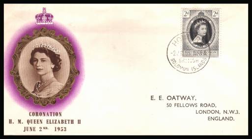 The 1953 Coronation single<br/>on colour illustrated First Day Cover.<br/>Note cover is printed on cream paper which due<br/>to scanning limitations can appear to be  toned!