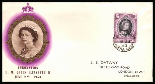 The 1953 Coronation single<br/>on colour illustrated First Day Cover.<br/>Note cover is printed on cream paper which due<br/>to scanning limitations can appear to be  toned!