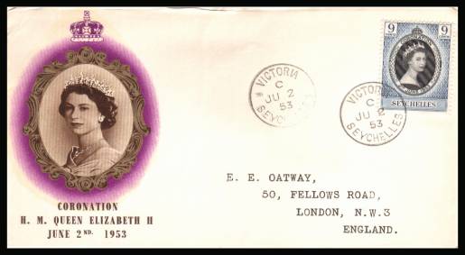 The 1953 Coronation single<br/>on colour illustrated First Day Cover.<br/>Note cover is printed on cream paper which due<br/>to scanning limitations can appear to be  toned!