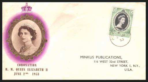 The 1953 Coronation single<br/>on colour illustrated First Day Cover.<br/>Note cover is printed on cream paper which due<br/>to scanning limitations can appear to be  toned!