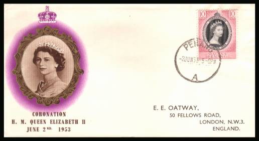 The 1953 Coronation single<br/>on colour illustrated First Day Cover.<br/>Note cover is printed on cream paper which due<br/>to scanning limitations can appear to be  toned!