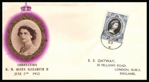 The 1953 Coronation single<br/>on colour illustrated First Day Cover.<br/>Note cover is printed on cream paper which due<br/>to scanning limitations can appear to be  toned!