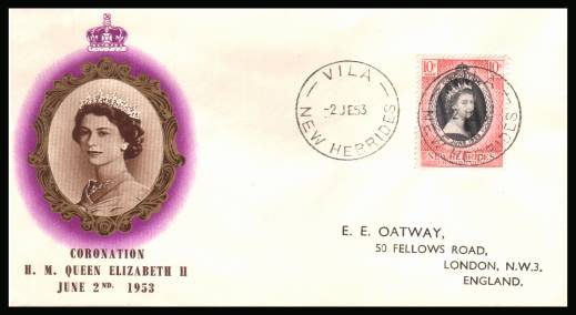 The 1953 Coronation single<br/>on colour illustrated First Day Cover.<br/>Note cover is printed on cream paper which due<br/>to scanning limitations can appear to be  toned!