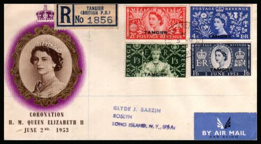The 1953 Coronation set of four<br/>on colour REGISTEED illustrated First Day Cover.<br/>Note cover is printed on cream paper which due<br/>to scanning limitations can appear to be  toned!