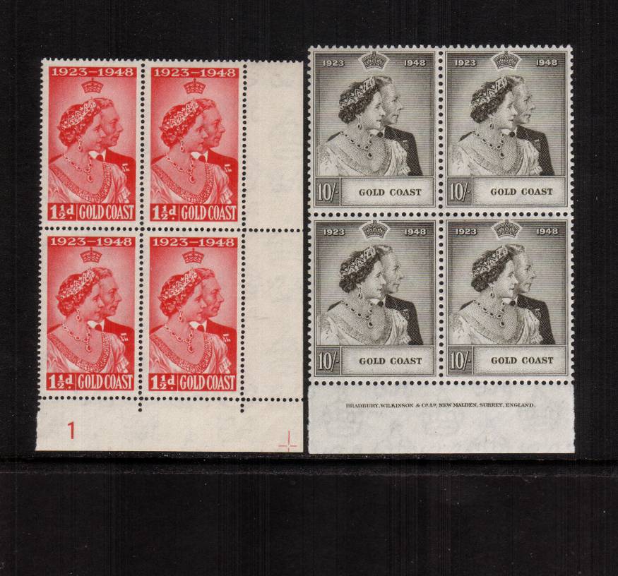 the 1948 Royal Silver Wedding set of two in superb unmounted mint blocks of four. The low value being a SE corner cylinder block and the �value showing a full BRADBURY imprint on the margin. 
<br/><b>SEARCH CODE: 1948RSW</b><br/><b>QBX</b>