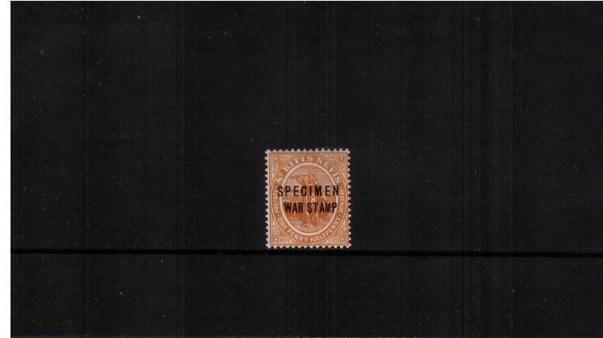 1d Orange overprinted ''WAR STAMP'' and overprinted ''SPECIMEN''.<br/>
A fine very, very lightly mounted mint single. SG Cat 55
<br/><b>QBX</b>