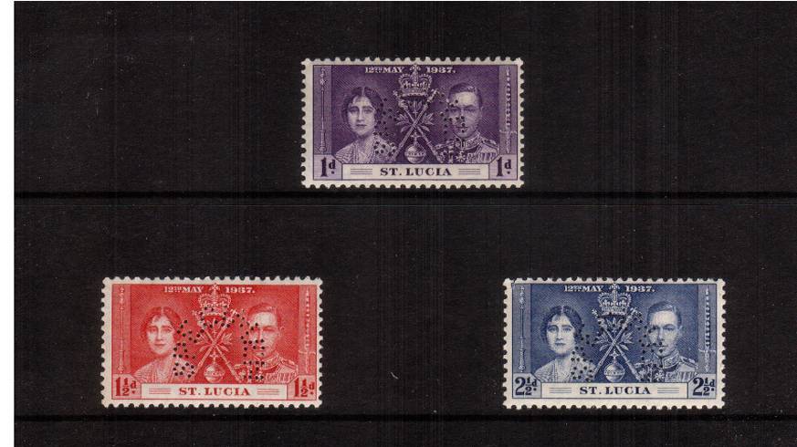 Coronation set of three perfined ''SPCIMEN'' fine very, very  lightly mounted mint.
<br/><b>QCX</b>