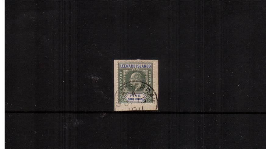 5/- Green and Blue - Watermark Crown CA<br/>
A superb fine used stamp tied to a small piece cancelled<br/> with a small CDS for MONTSERRAT dated JY 13 1911. Superb!
<br/><b>QDX</b>