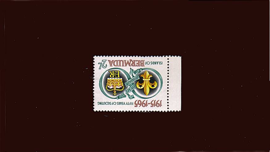 50th Anniversary of Bermuda Boy Scouts Association.<br/>
A superb unmounted mint single clearly showing the SG listed variety ''WATERMARK INVERTED''<br/>with the bonus of being marginal. Superb! 
<br/><b>QDX</b>