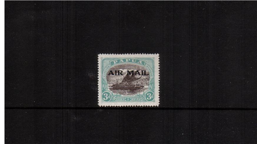 3d Sepia-Black and Bright Blue-Green overpinted ''AIRMAIL''<br/>
A good lightly mounted mint single. SG Cat 50
<br/><b>QDX</b>