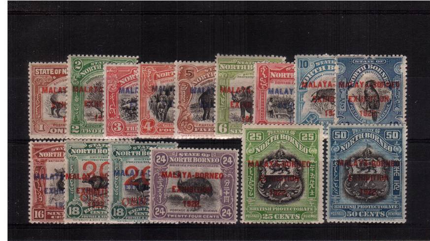 The MALAY - BORNEO EXHIBITION 1922 set of fifteen with the bonus of the additional 20c on 18c thus totalling fifteen in total all superb unmounted mint. Rare to find unmounted!
<br/><b>QFX</b>