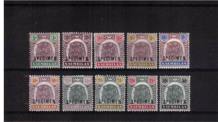 The ''Tigers Head'' set of ten overprinted ''SPECIMEN'' good mounted mint. SG Cat 300
<br/><b>QGX</b>