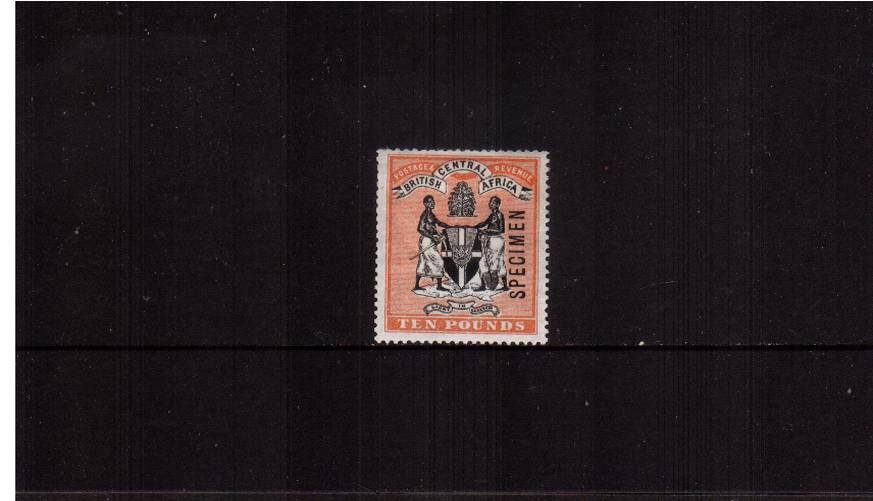 10 Black and Orange - Watermark Crown CA<br/>
A good mounted single overprinted ''SPECIMEN''.<br/>
Note, without the overprint the SG Catalogue price is 11,000 !! 
<br/><b>QHX</b>