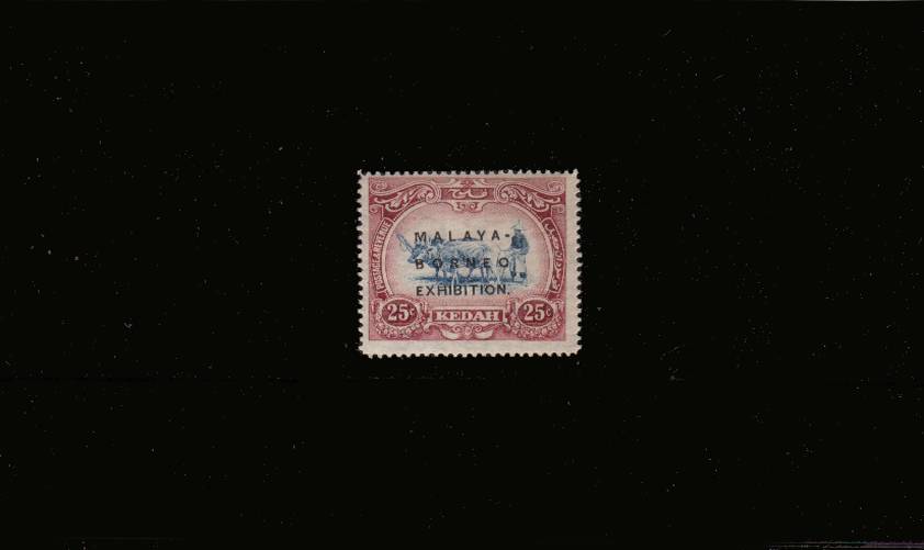 MALAYA - BORNEO EXHIBITION<br/>25c Blue and Purple with 14mm overprint<br/>A superb unmounted mint single
<br/><b>QHX</b>