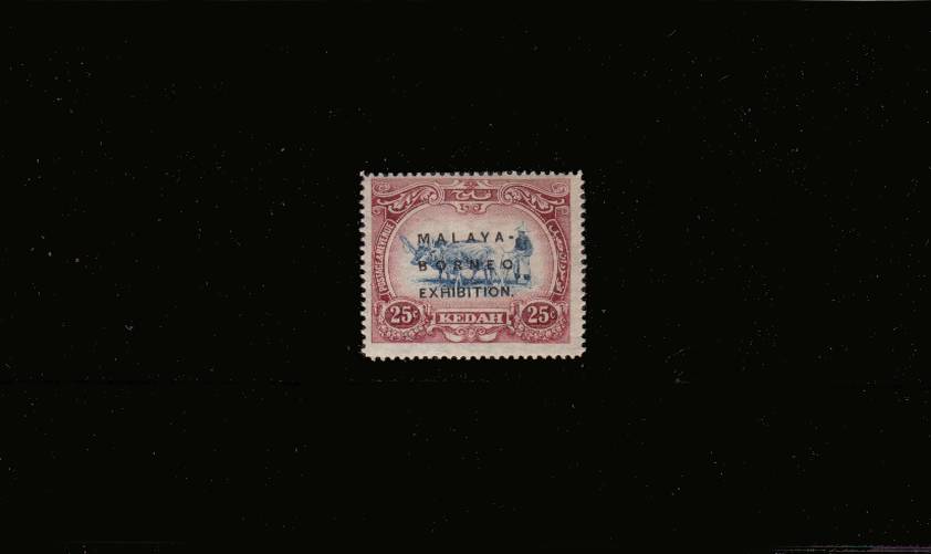 MALAYA - BORNEO EXHIBITION<br/>25c Blue and Purple with 14mm overprint<br/>A superb unmounted mint single
<br/><b>QHX</b>