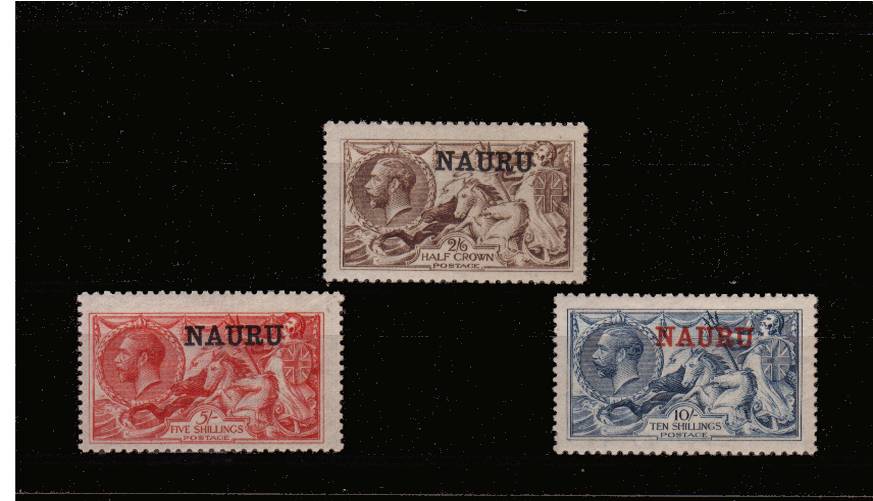 The GB ''Seahorses'' set of three overprinted ''NAURU'' superb unmounted mint with truly excellent perforations.<br/> A rare set to find unmounted. <br/><b>QHX</b>