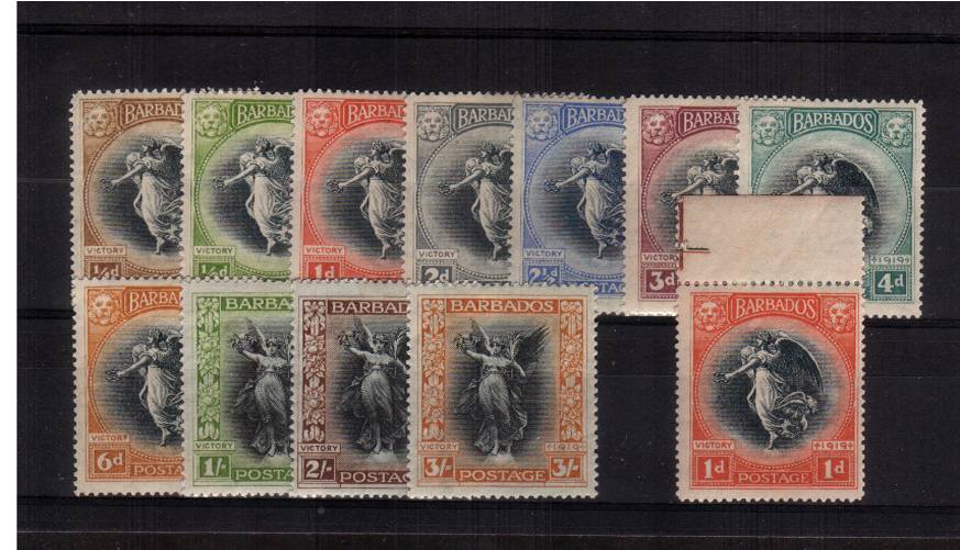 The Victory set of twelve (that includes the Script Watermark 1d value with margin ) lightly mounted mint with several being unmounted including the marginal stamp.  A scarce set!<br/><b>QHX</b>