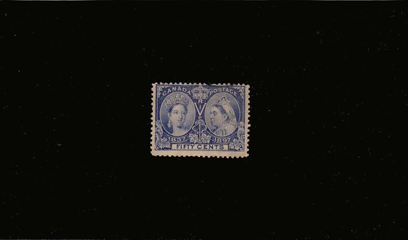 50c Bright Ultramarine Queen Victoria Jubilee Issue<br/>
A verly lightly used stamp cancelled across the top edge and with tiny tear.  SG Cat 110
<br/><b>QJX</b>