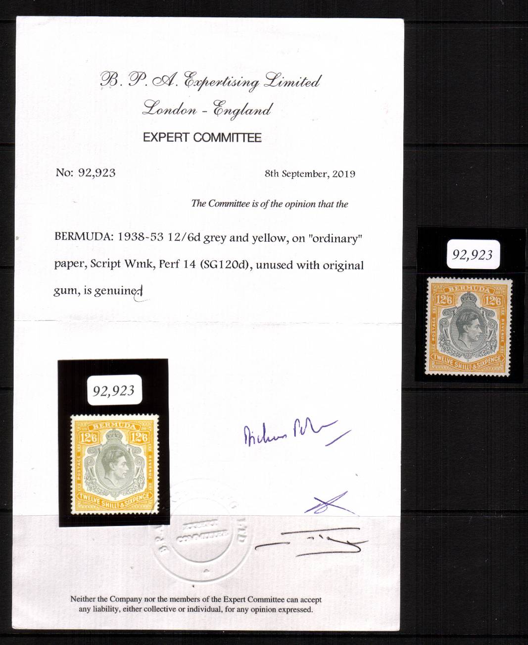 12/6d Grey and Yellow on ''ORDINARY'' Paper superb unmounted mint with the benefit of a 2019 BPA certificate. SG Cat 600
<br/><b>QLX</b>