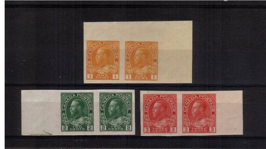The IMPERFORATE set of three in superb umounted mint marginal pairs.<br/>A lovely bright and fresh set.  SG Cat 132 for mounted mint.
<br/><b>QLX</b>