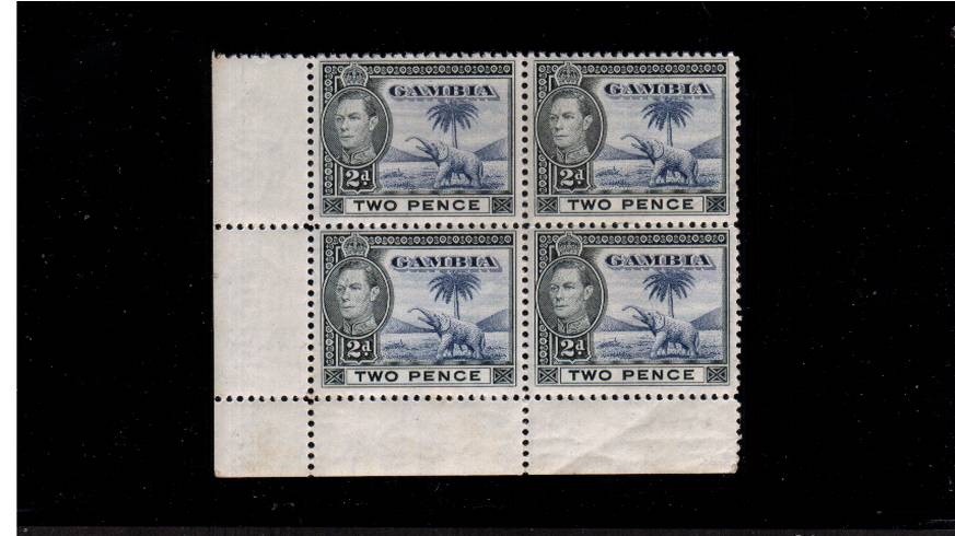 George 6th 2d Blue and Black<br/>
Elephant - A superb unmounted mint SW corner block of four.
<br/><b>QLX</b>