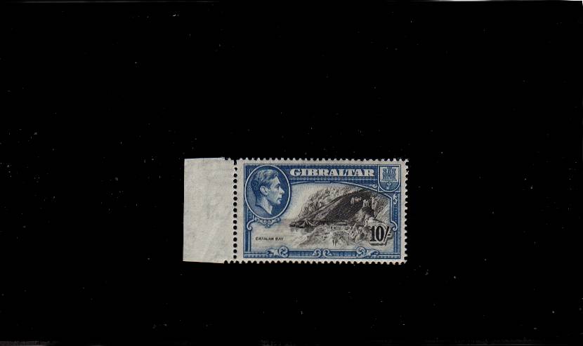 10/- Black and Blue - Perforation 14
A superb unmounted mint left side marginal single. SG Cat 70 
<br/><b>QLX</b>