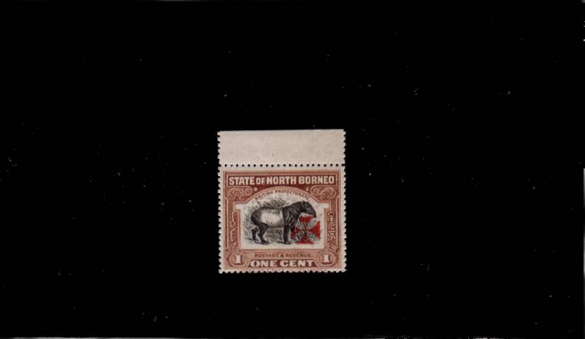 1c Brown - Malayan Tapir<br/>
Red Cross in Carmine with Matt Ink<br/>
A superb unmounted mint top marginal single. SG Cat 26
<br/><b>QLX</b>