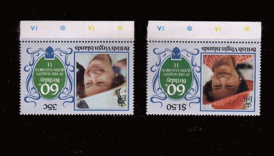 60th Birthday of Queen Elizabeth II<br/>
The 35c and $1.50 lower marginal singles<br/>with the error of watermark ''POST OFFICE'' watermark sideways.