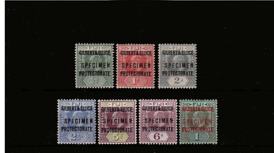 The ''GILBERT & ELLICE'' overprint set  on Fiji stamps also overprinted ''SPECIMEN''<br/>
A very fine lightly mounted mint set of seven. <br/>
SG Cat �0
<br/><b>QMX</b>