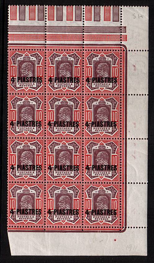 ''4 PIASTRES'' on 10d Dull Purple and Scarlet<br/>
A superb unmounted mint block of twelve with one hinge mark on margin.<br/>
A stunning bright and fresh ''exhibition item''!<br/>
SG Cat for mounted £720