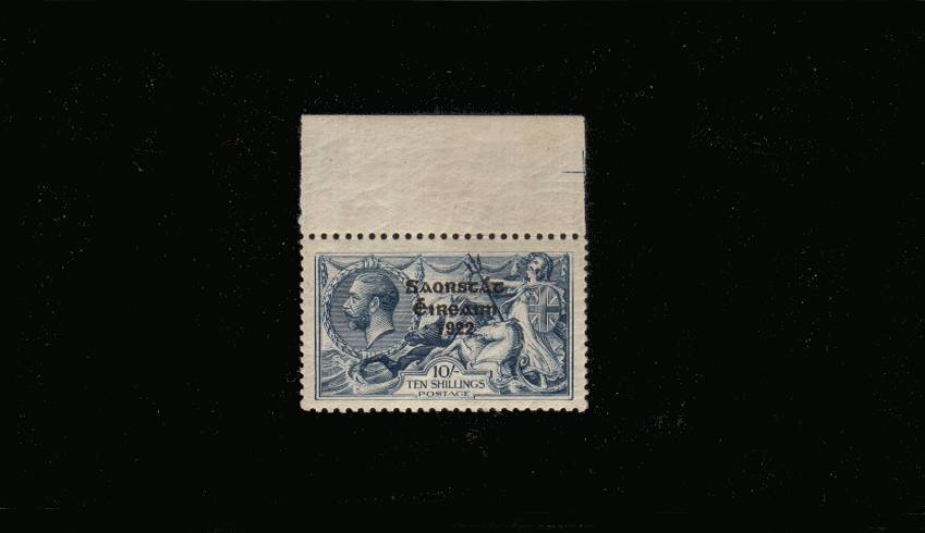 10/- Dull Grey-Blue ''Seahorse''<br/>
Narrow Date Overprint<br/>
A superb unmounted mint top marginal single. Perfect!

<br/><b>QNX</b>