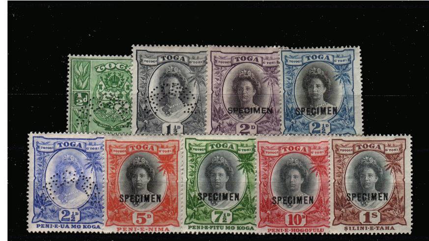 The Queen Salote set of nine lightly mounted mint<br/>overprinted on six and perfined on three ''SPECIMEN''. SG Cat �5

<br/><b>QNX</b>