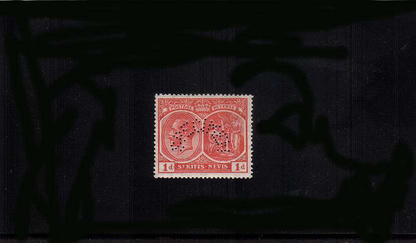 1d Rose-Carmine
a fine very lightly mounted mint single perfined ''SPECIMEN''<br/>
Please note - this stamp was issued by itself!<br/>SG Cat 70
<br/><b>QNX</b>