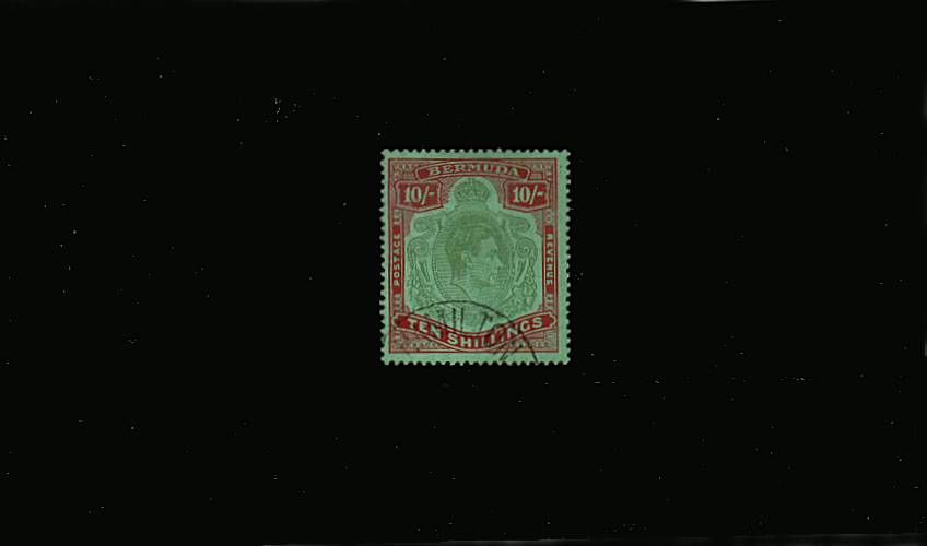10/- Bluish Green and Deep Red on Green<br/>
A superb fine used single cancelled with part HAMILTION large CDS.<br/><b>QPX</b>