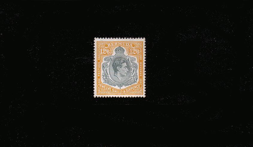 12/6d Grey and Pale Orange - Perforation 13<br/>
A lightly mounted mint single.<br/><b>QPX</b>