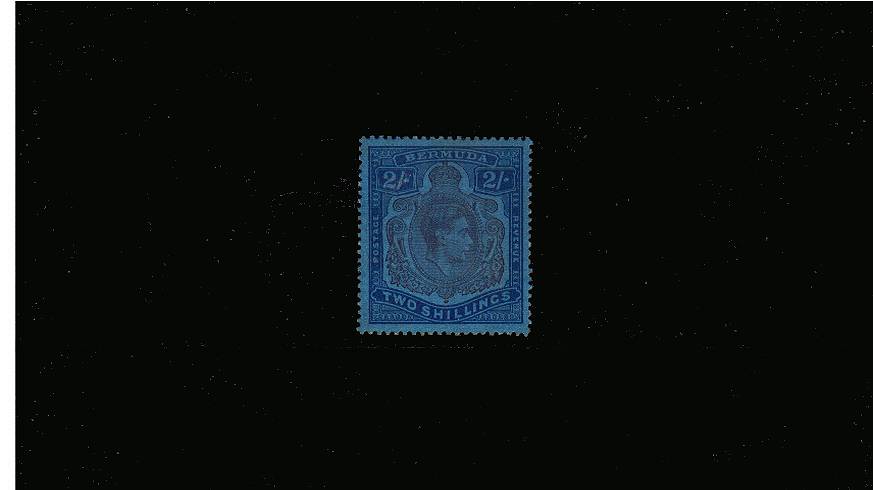 2/- Purple and Deep Blue on Pale Blue - Ordinary Paper<br/>
A very lightly mounted mint single with lightly toned gum.<br/><b>QPX</b>