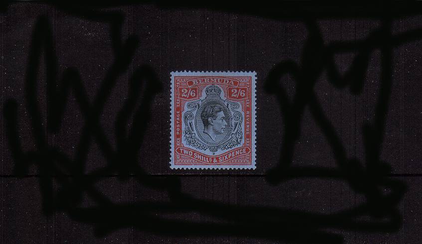 2/6d Black and Red on Grey Blue<br/>
A fine lightly mounted mint single. SG �<br/><b>QPX</b>
