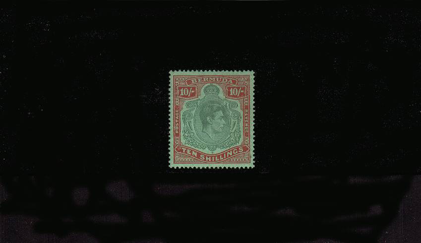 10/- Yellowish Green and Deep Carmine-Red on Green - Ordinary Paper<br/>
A superb very verv lightly mounted mint single with a feint trace of a hinge. SG Cat 70<br/><b>QPX</b>