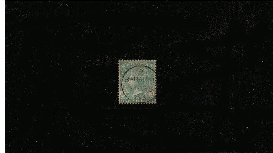 1/- Green - Watermark CA - Perforation 14<br/>
A stunning stamp cancelled with an upright BAHAMAS CDS dated SP 25 83. A stunning stamp!<br/><b>QPX</b>