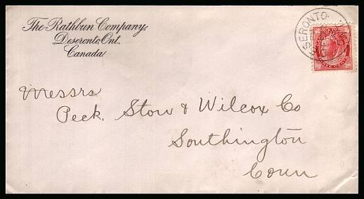 3c Carmine single on a business printed return address envelope cancelled with a crisp DESERONTO CDS (population now only 1800) dated FE 22 95 backstamped SOUTHINGTON - CONN - USA. (population now only 43,000) Crisp and clean.<br/><b>QPX</b>