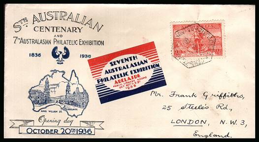 7th AUSTRALASIAN PHILATELIC EXHIBITION - ADELAIDE event cover for the first day of the exhibition dated 20th October 1936 addressed to London with the bonus of the exhibition label also bearing a 2d Scarlet Submarine Telephone link single.<br/><b>QPX</b>