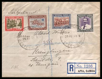 25th Anniversary of New Zealand control.<br/>
A registered First Day Cover cancelled with two upright strikes of a large APIA - WESTERN SAMOA CDS dated 29 AU 39. 
<br/><b>QPX</b>