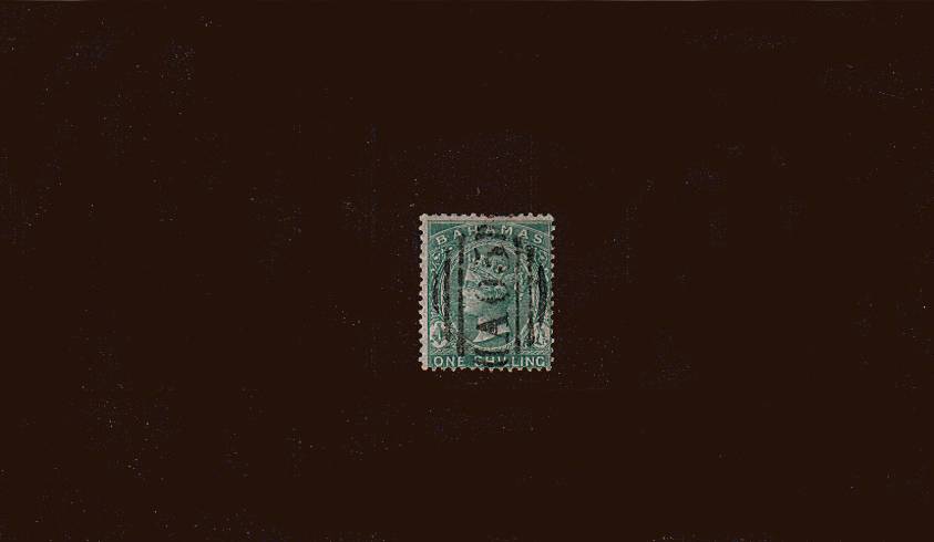 1/- Green - Watermark CA - Perforation 14<br/>
A good used stamp cancelled with an ''A05'' cancel. SG Cat 14