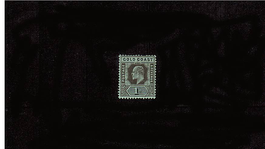 1/- Black on Green - Watermark Multiple Crown CA<br/>
A fine lightly mounted mint single with short perf at top. SG Cat �
