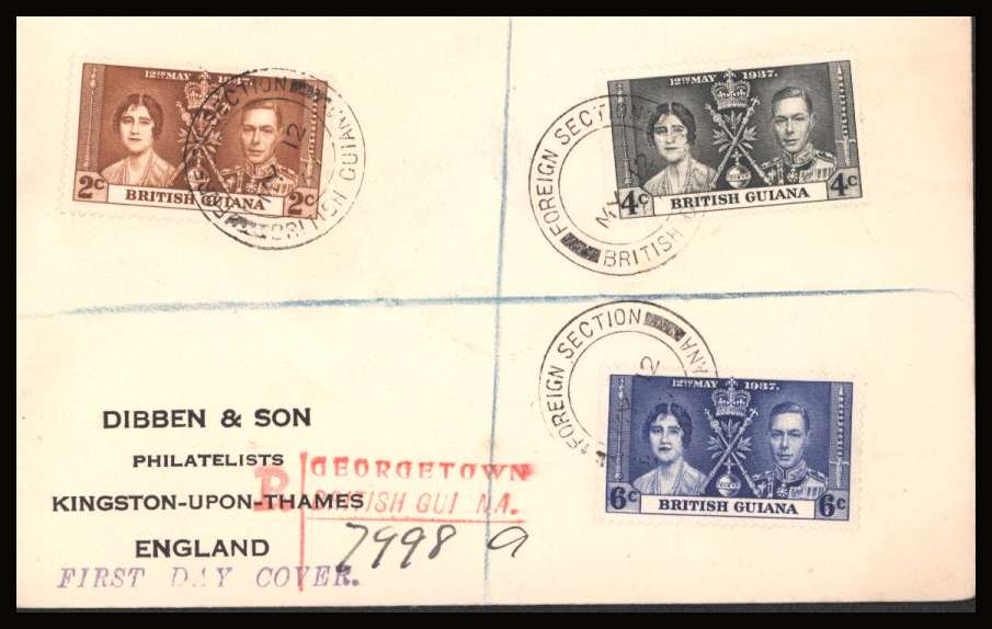 The Coronation set of three on a DIBBEN printed address small neat registered First Day Cover