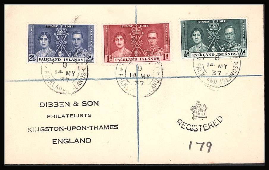 The Coronation set of three on a DIBBEN printed address small neat registered Cover