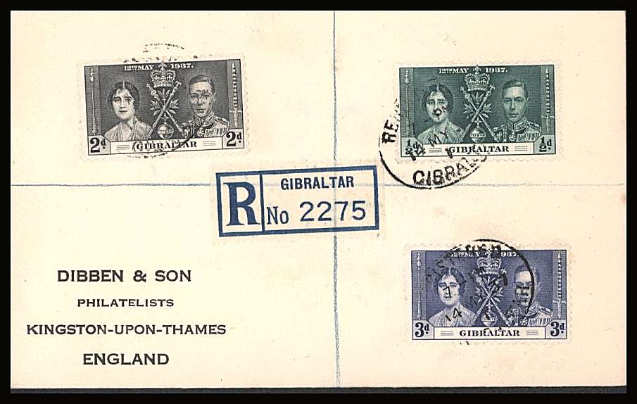 The Coronation set of three on a DIBBEN printed address small neat registered Cover dated two days after FDI.