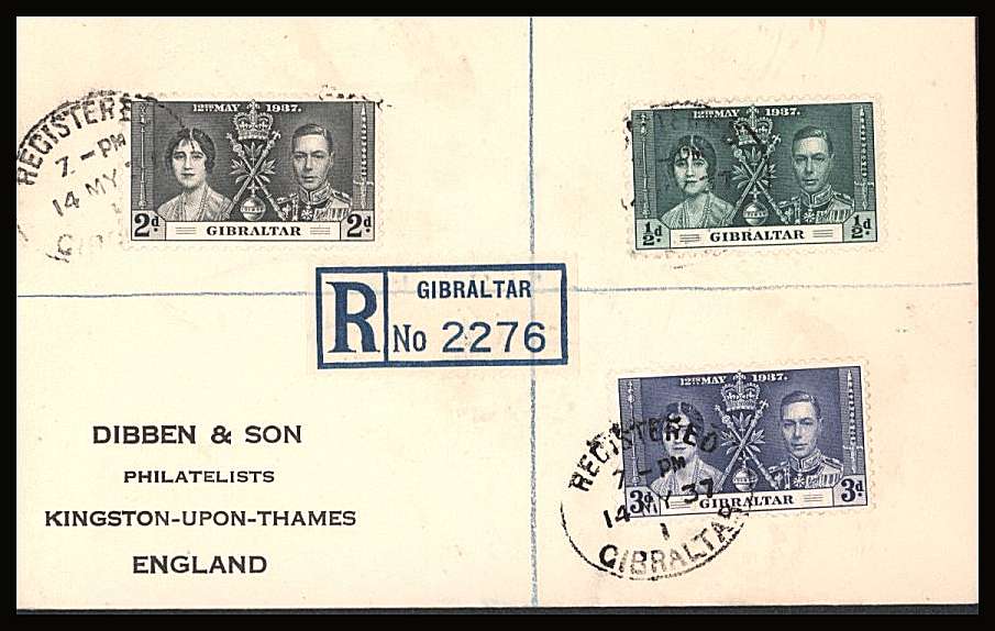 The Coronation set of three on a DIBBEN printed address small neat registered Cover dated two days after FDI.
