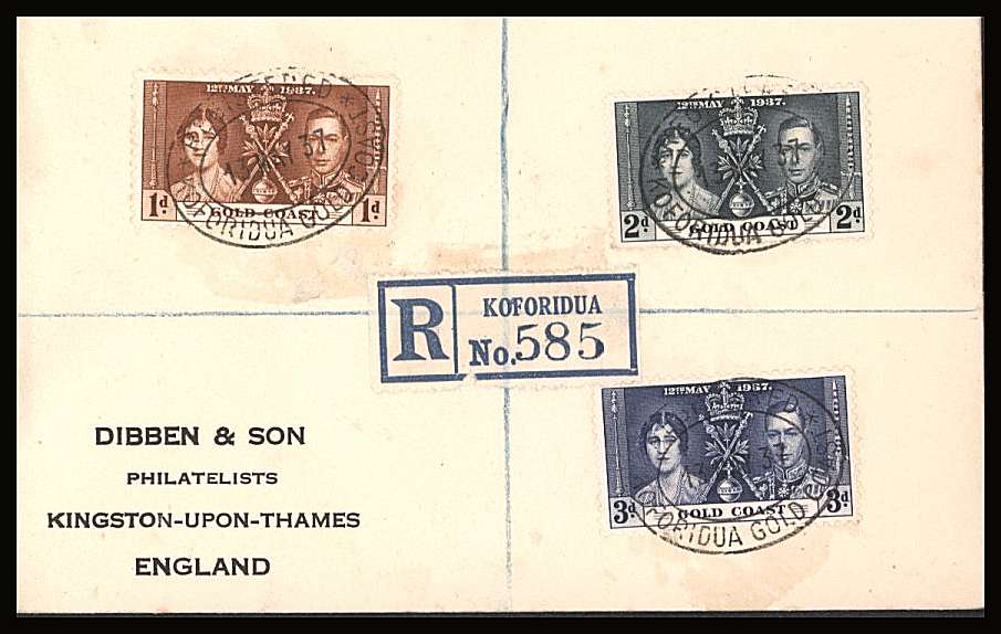 The Coronation set of three on a DIBBEN printed address small neat registered Cover.<br/>Marks around the Registration label is actually glue probably from a pot!