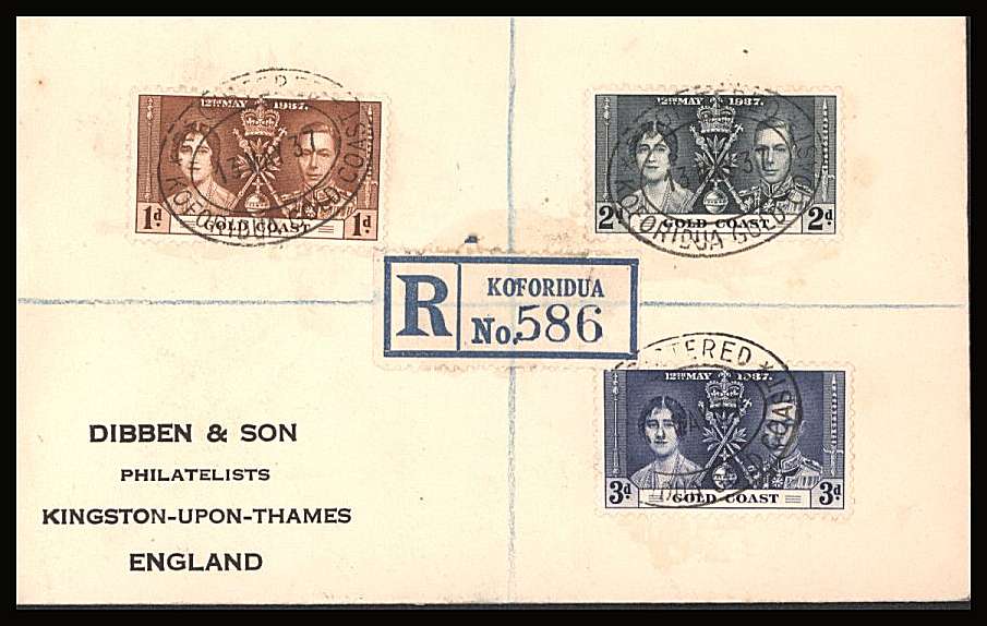The Coronation set of three on a DIBBEN printed address small neat registered Cover.<br/>Marks around the Registration label is actually glue probably from a pot!